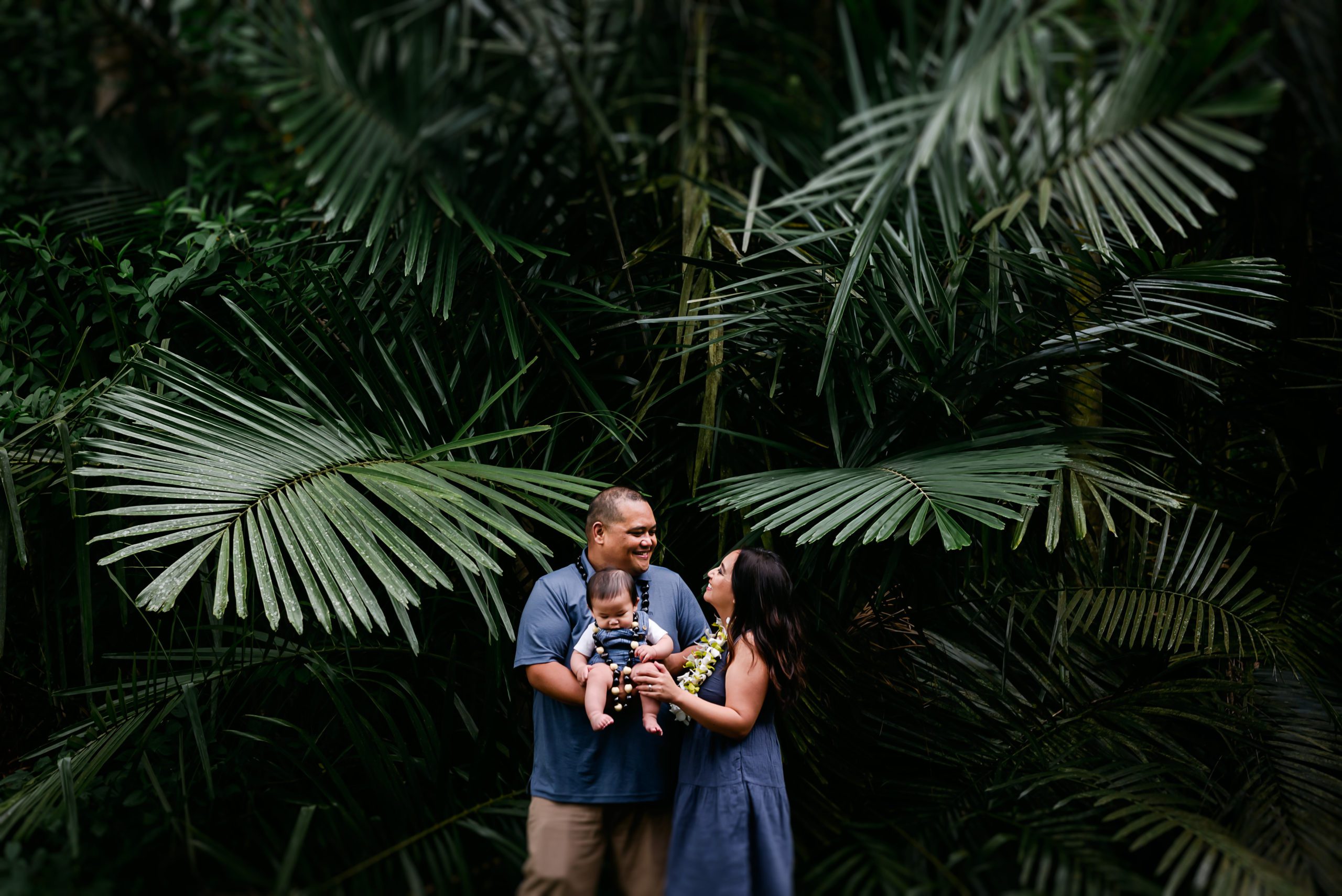 Family in front of green palm leaves