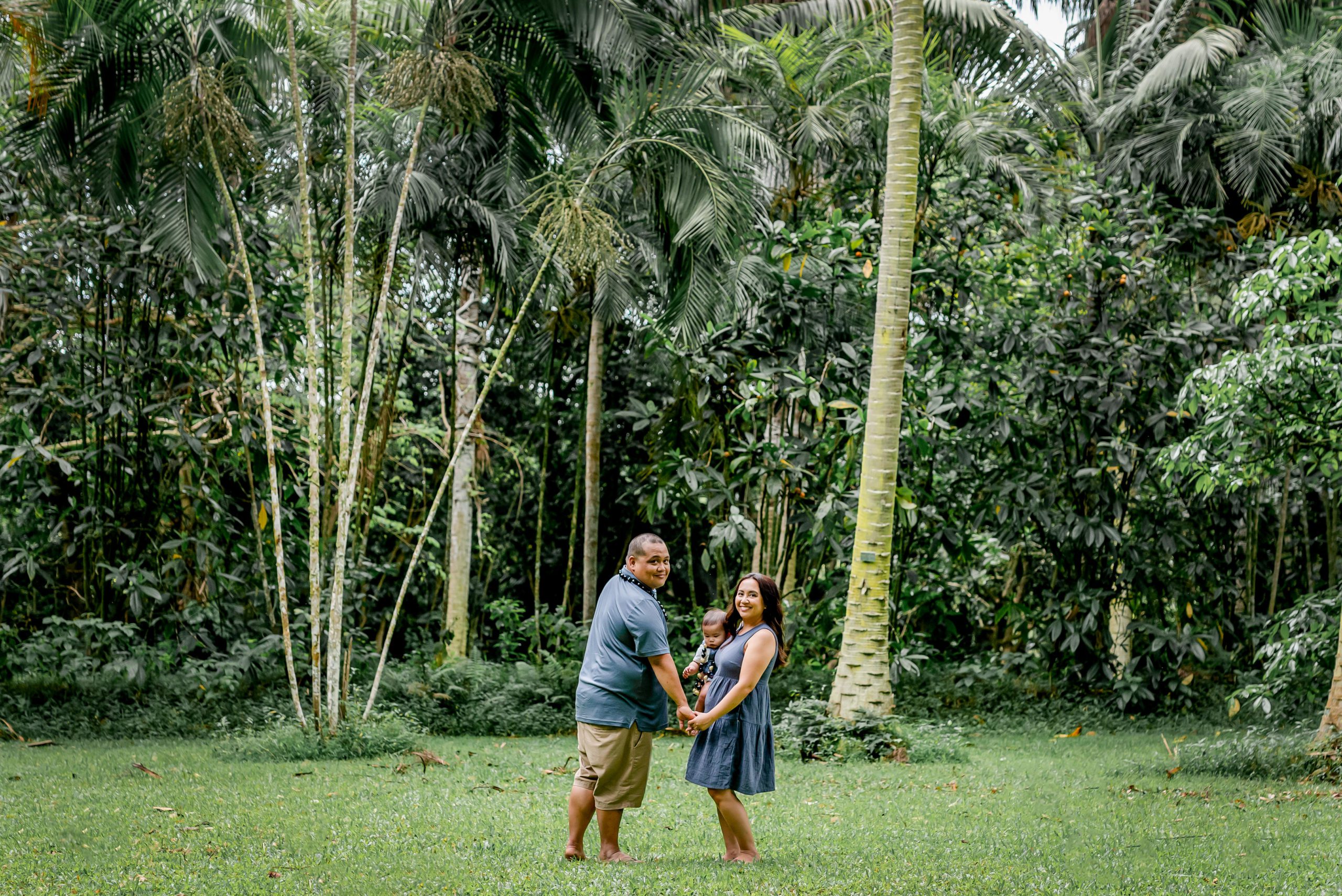 Family under coconut grove
